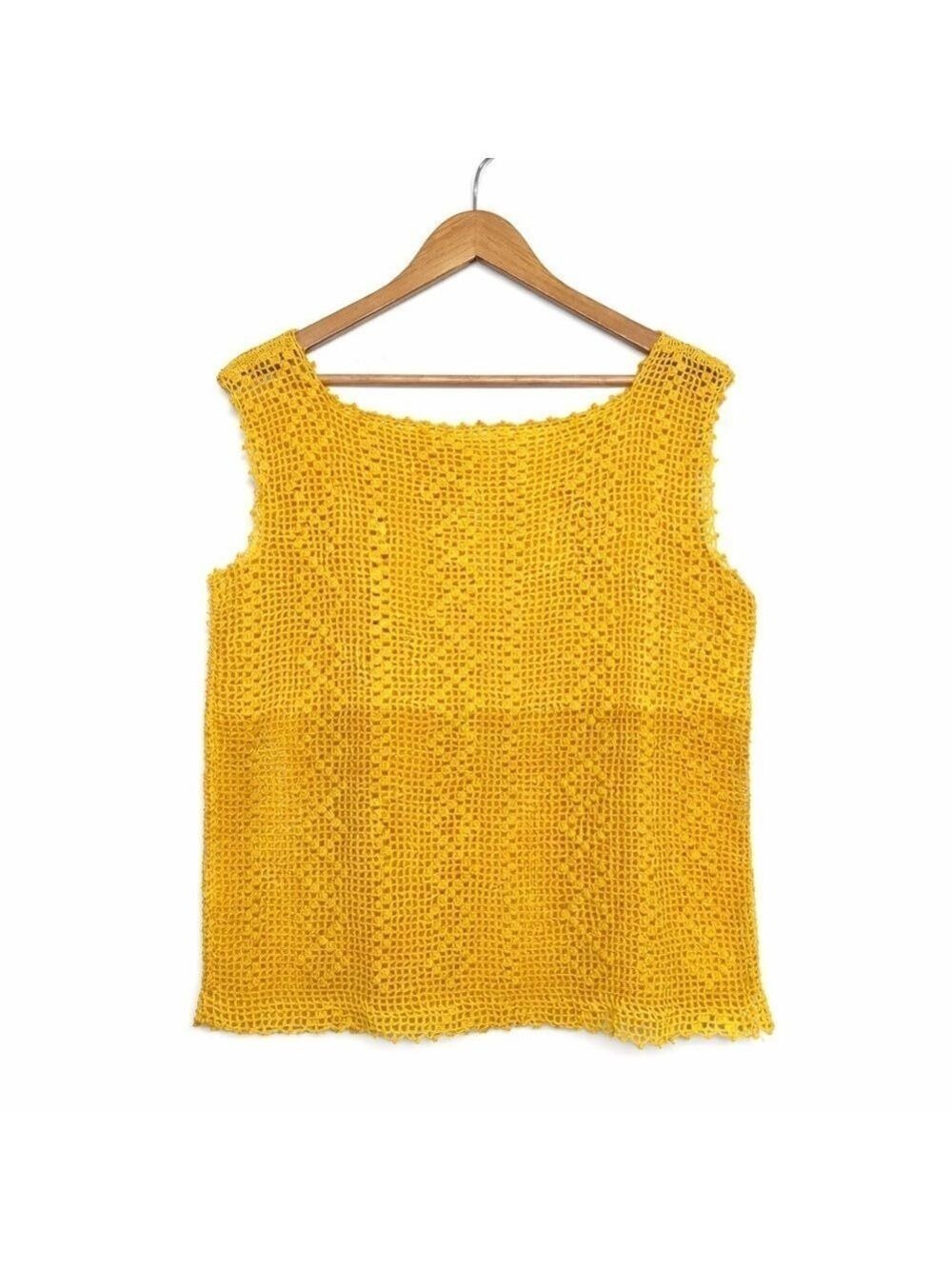 Crochet Tank Top Cottagecore Golden Mustard Sleeveless - Picture 2 of 8